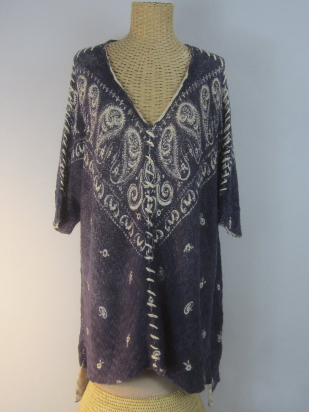 Sundance Women XL Dark Purple Ivory Paisley V Neck Cotton Boho Tunic Top Shirt